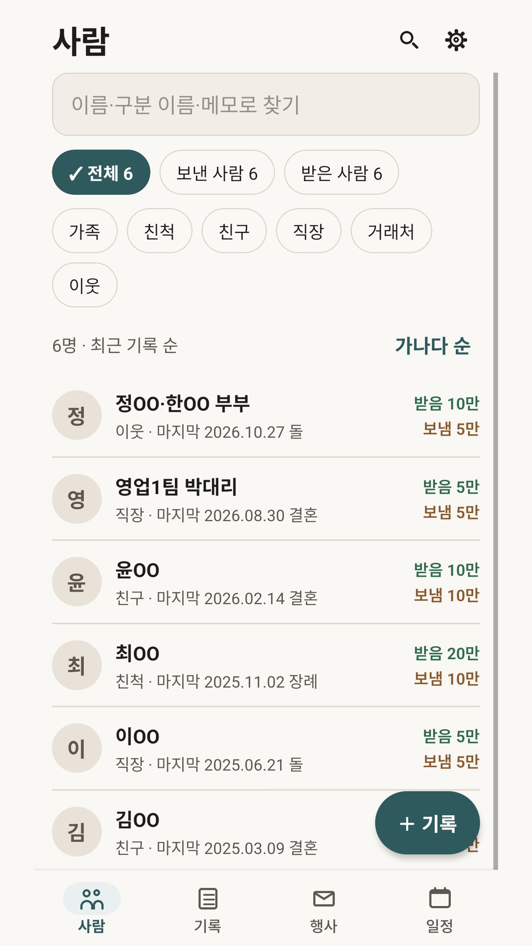 사람 — 사람별 받은·보낸 합계와 최근 기록