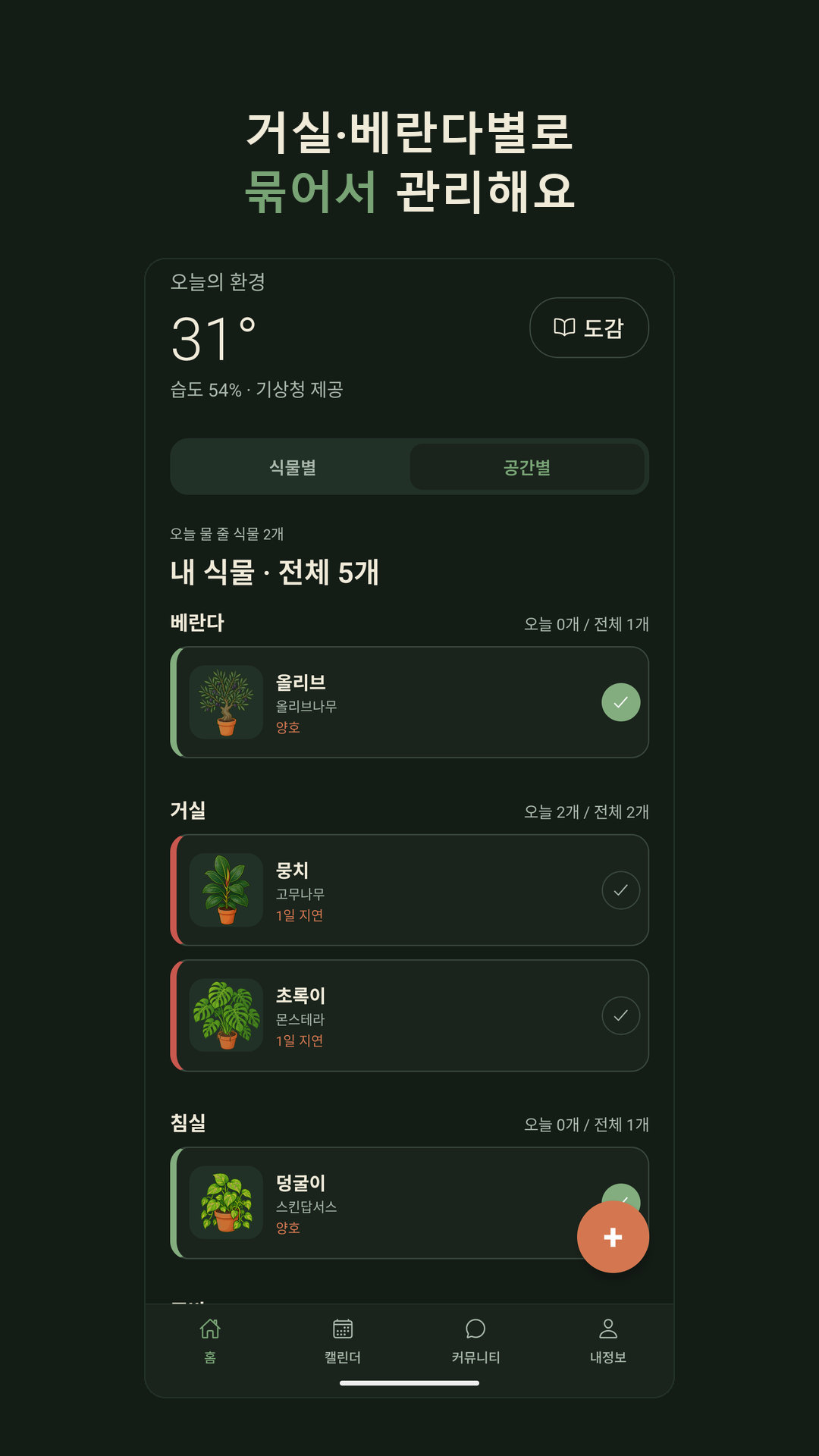 공간별 보기 — 방마다 오늘 물 줄 식물